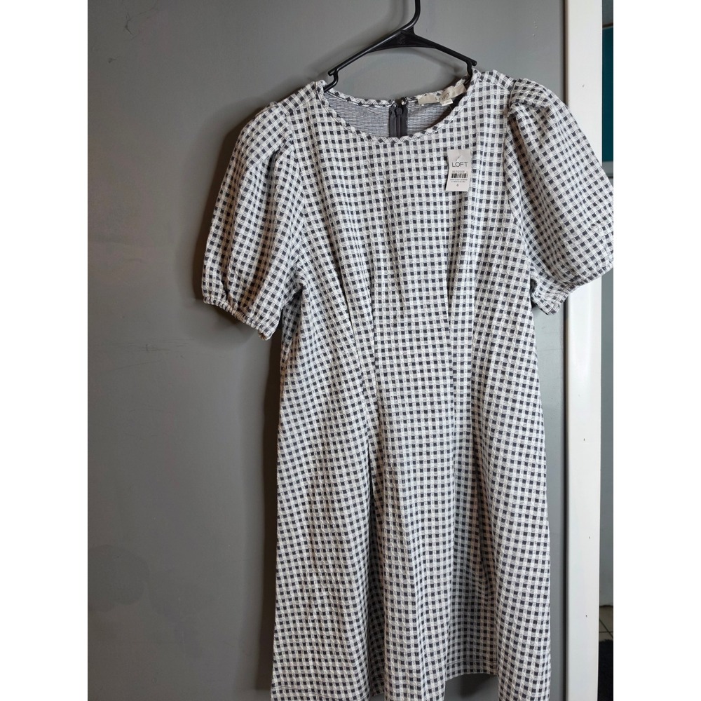 LOFT Black White Gingham Puff Sleeve Shift Dress NWT Size 6 36312559